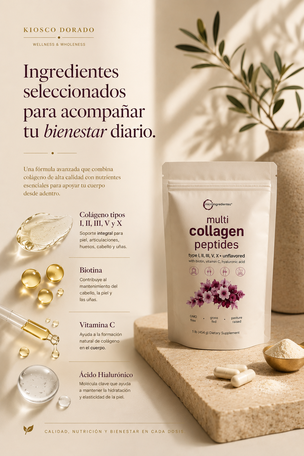 Multi Collagen Peptides · Colágeno Hidrolizado 5 Tipos + Biotina + Vitamina C
