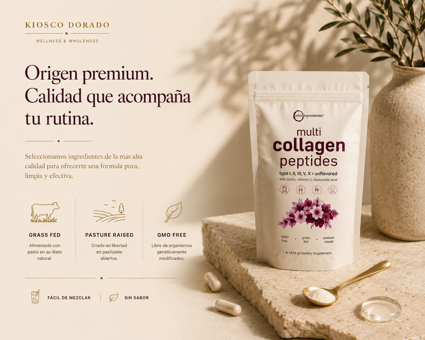 Multi Collagen Peptides · Colágeno Hidrolizado 5 Tipos + Biotina + Vitamina C