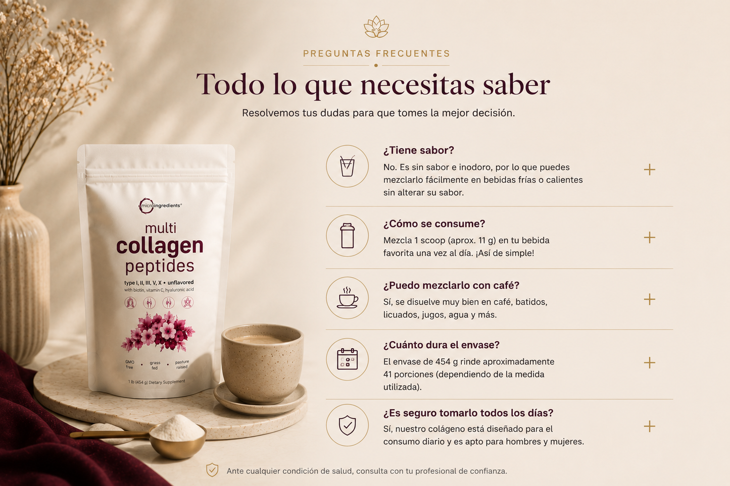 Multi Collagen Peptides · Colágeno Hidrolizado 5 Tipos + Biotina + Vitamina C