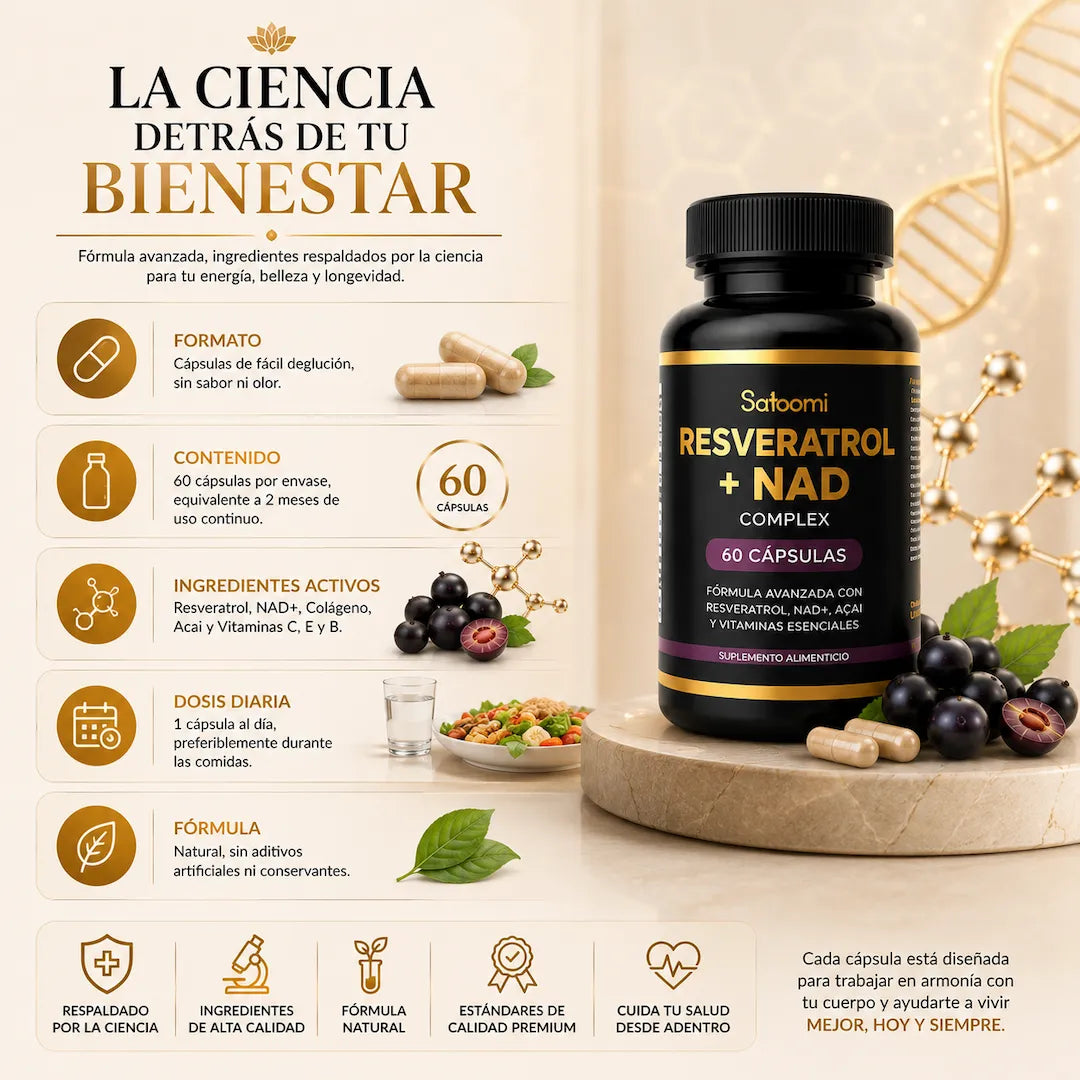 Resveratrol + NAD · Antioxidante Natural y Bienestar Celular Femenino